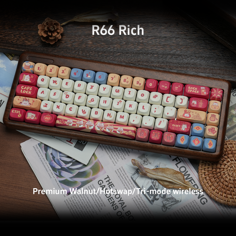 RECCAZR R66 Wooden tuotuo Wireless Mechanical Keyboard, Wooden Keyboard, Hifi Sound, Hot-swap, Tri-mode wireless