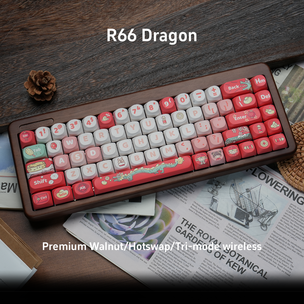 RECCAZR R66 Wooden tuotuo Wireless Mechanical Keyboard, Wooden Keyboard, Hifi Sound, Hot-swap, Tri-mode wireless