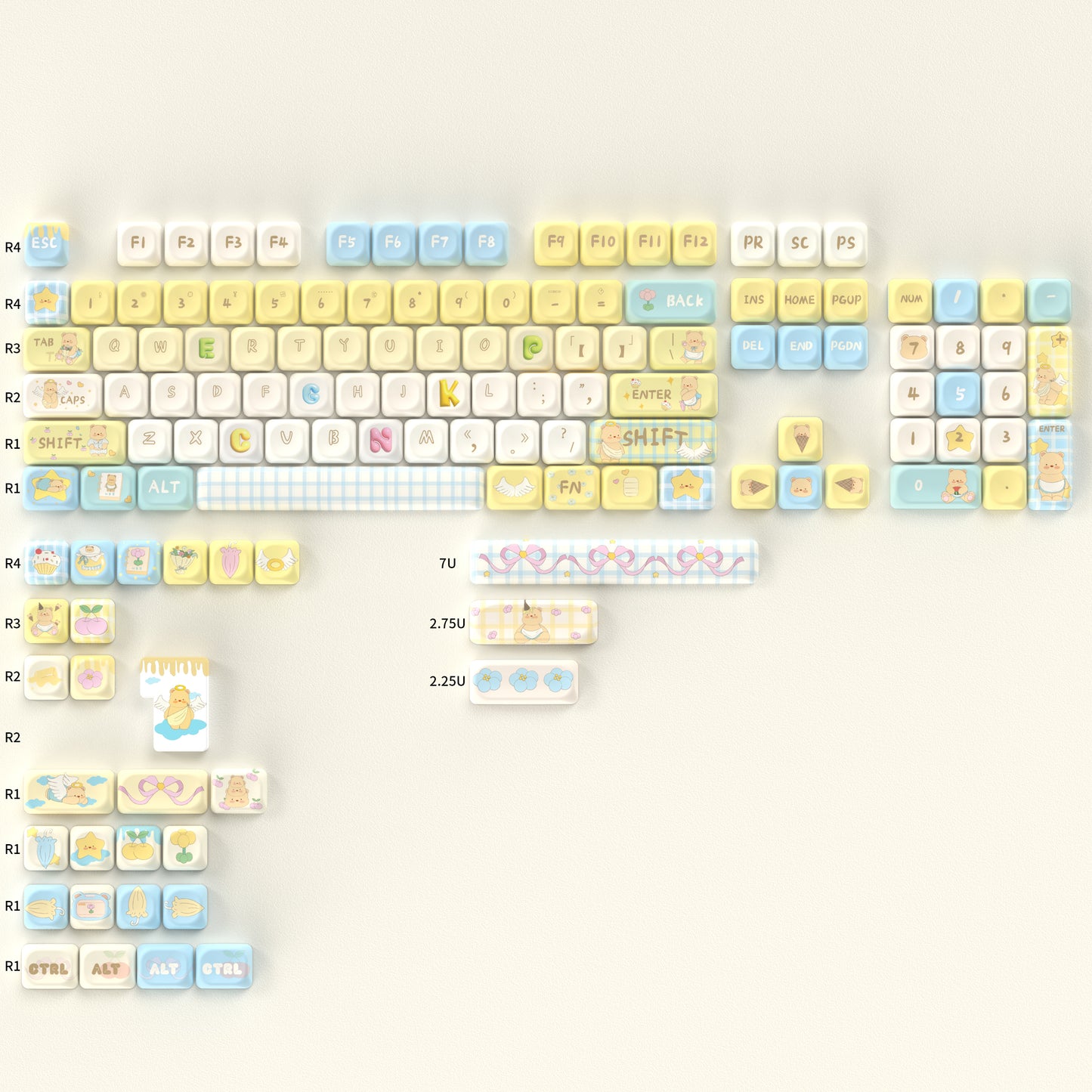 RECCAZR Cream Bear PBT Keycaps Set, MOA Profile, 141 Keys Dye Sublimation Keycaps for Mechanical Gaming Keyboard, Compatible with ANSI/ISO Layout, Cherry MX Switch