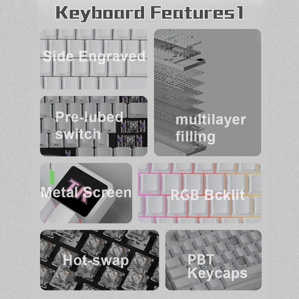 RECCAZR TK104 Custom Mechanical Keyboard Tri-mode Wireless Gaming Keyboard, Gasket, RGB, Hot-swappable, Multimedia Roll