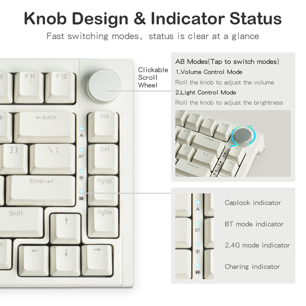 RECCAZR KW75S Gasket Gaming Keyboard Bluetooth Hot-swappable Mechanical Keyboard RGB(White)