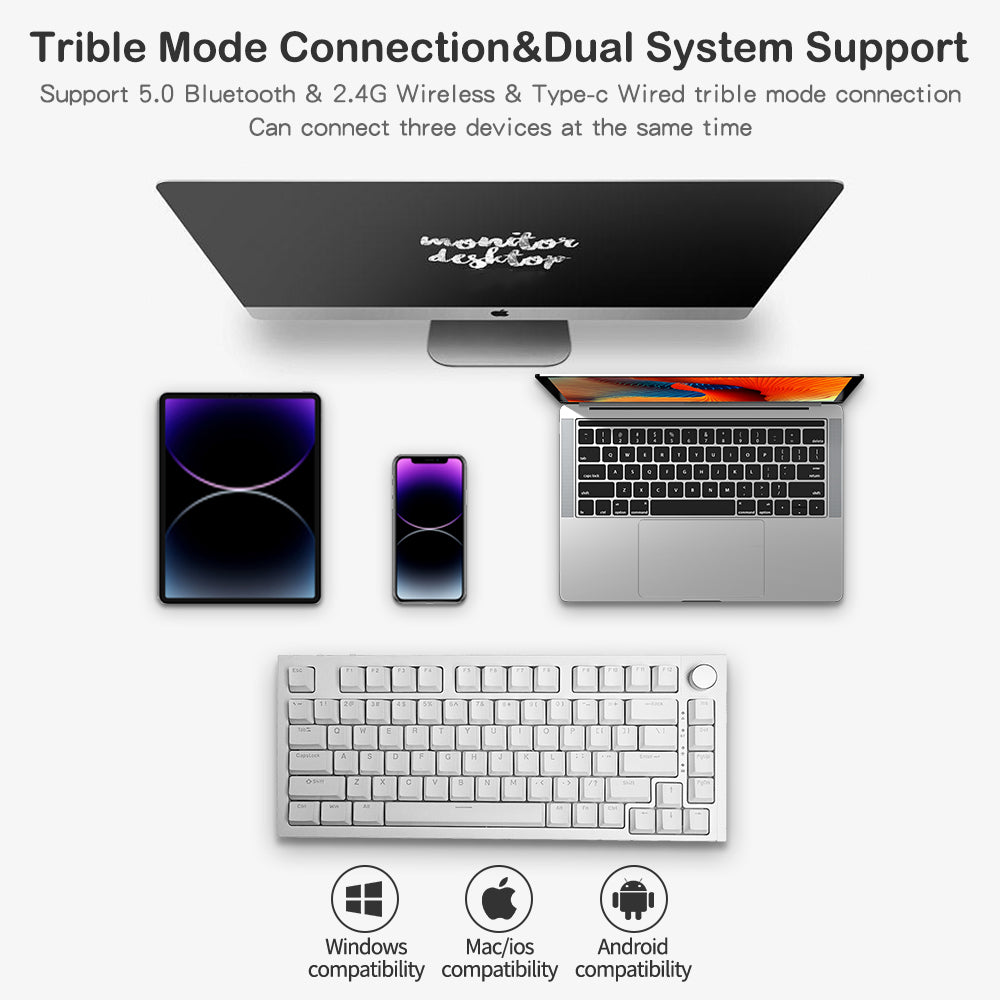 RECCAZR KW75S Gasket Gaming Keyboard Bluetooth Hot-swappable Mechanical Keyboard RGB(White)