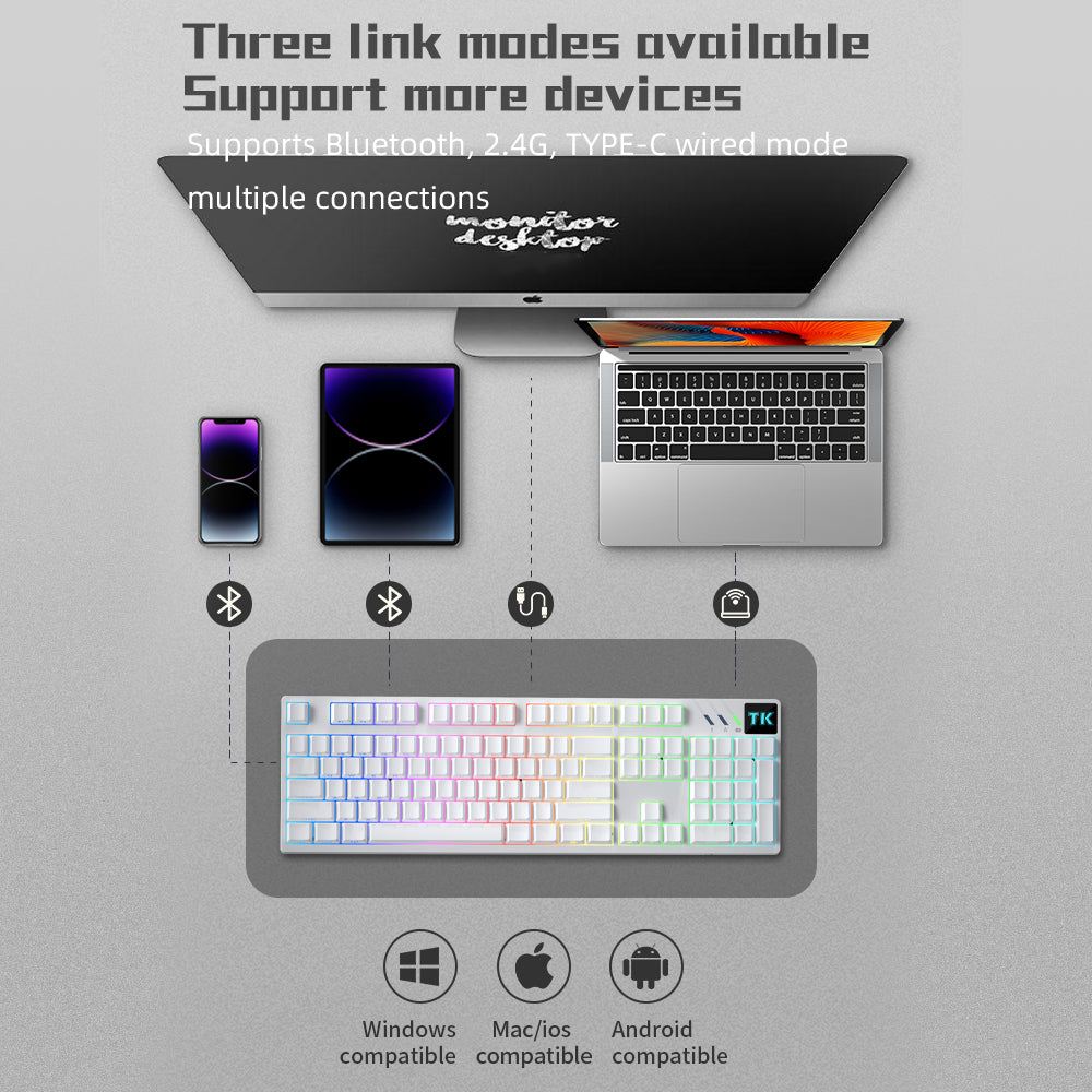 RECCAZR TK104 Custom Mechanical Keyboard Tri-mode Wireless Gaming Keyboard, Gasket, RGB, Hot-swappable, Multimedia Roll