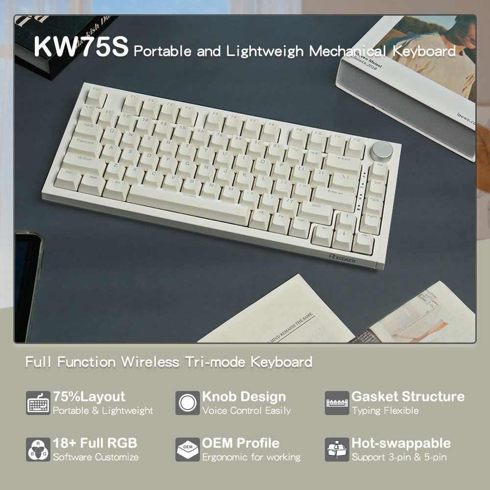 RECCAZR KW75S Gasket Gaming Keyboard Bluetooth Hot-swappable Mechanical Keyboard RGB(White)